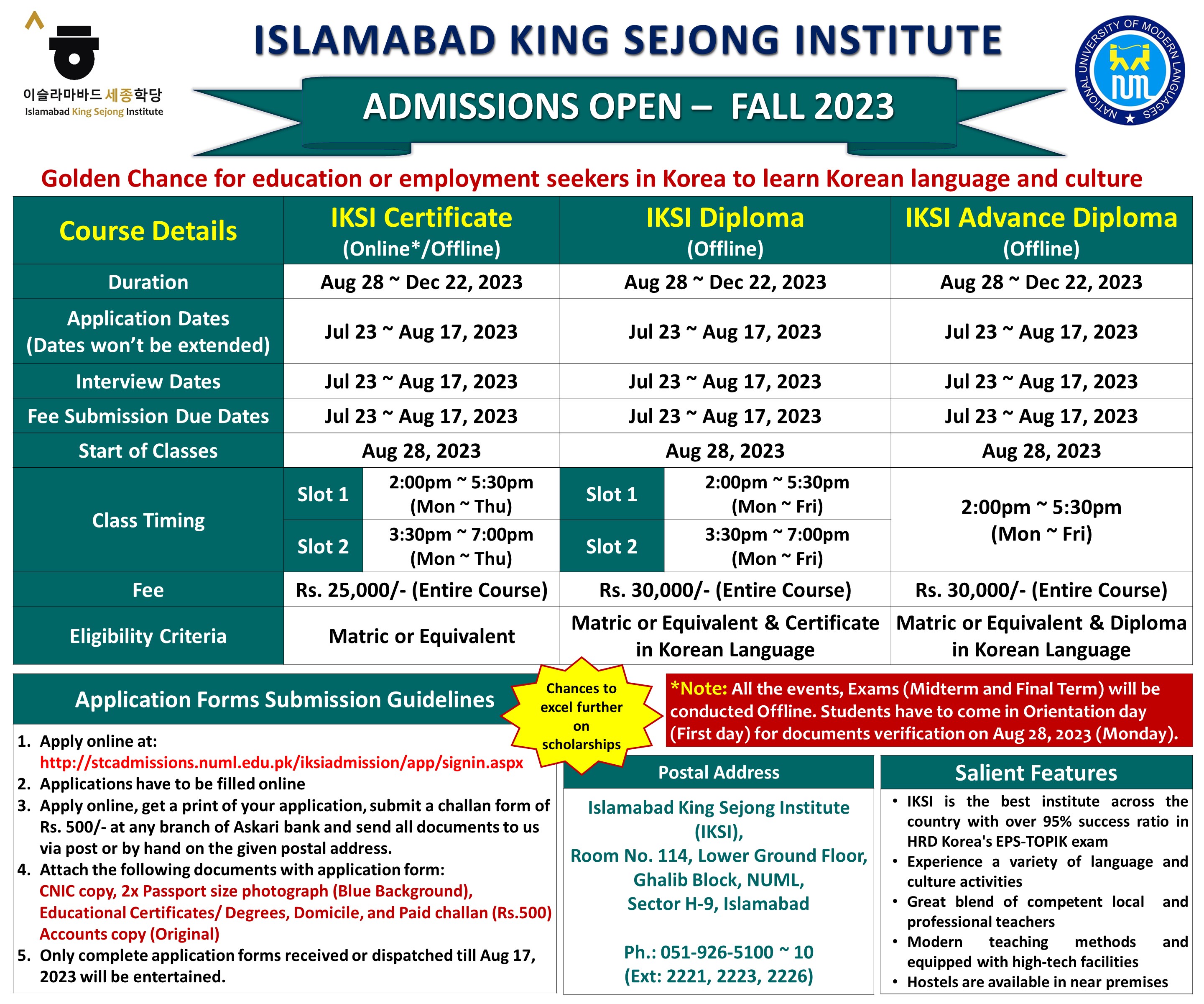 ISLAMABAD KING SEJONG INSTITUTE - KOREAN LANGUAGE - ADMISSIONS OPEN FALL 2023