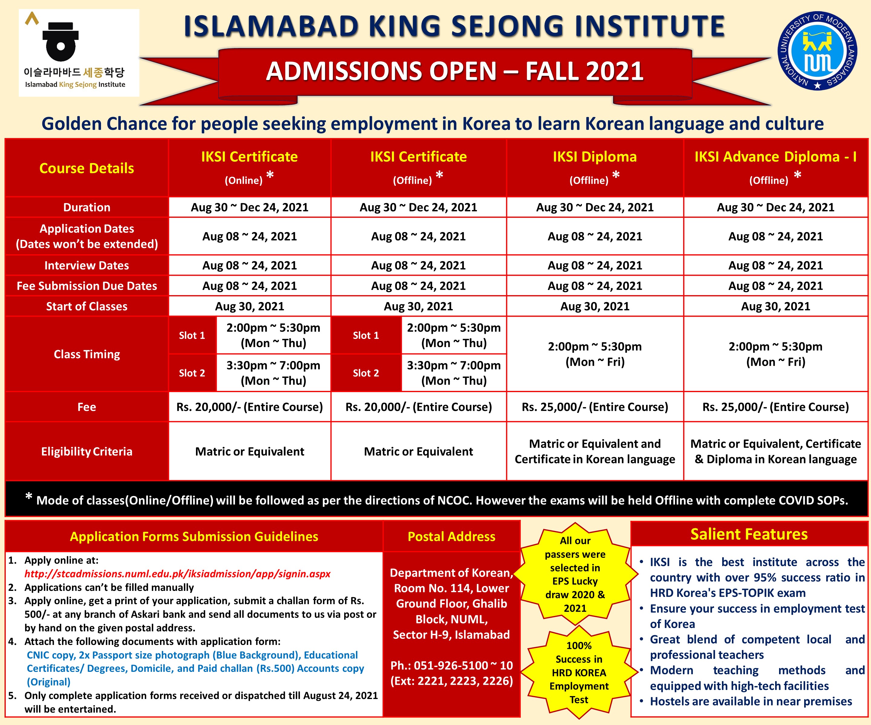 ISLAMABAD KING SEJONG INSTITUTE - FALL 2021 ADMISSION OPEN