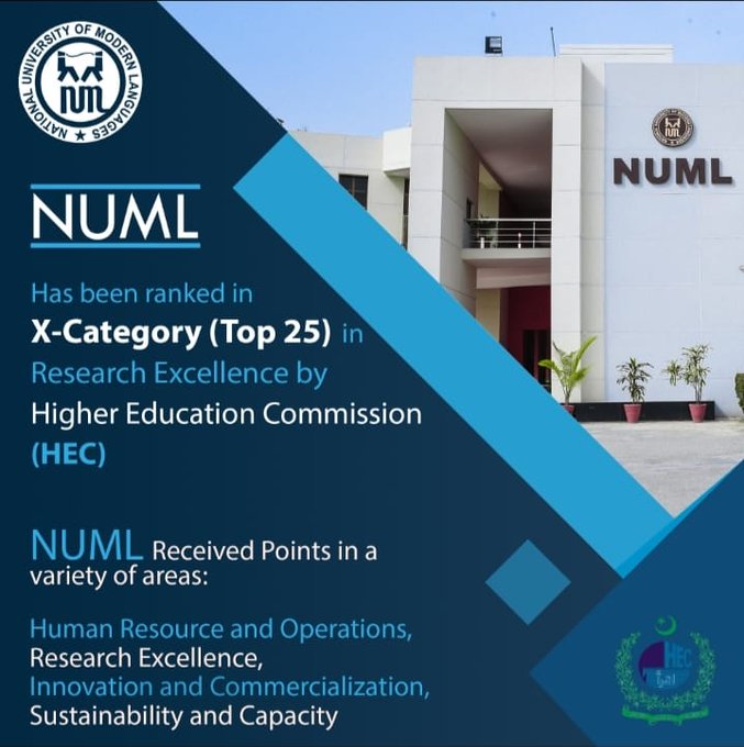 NUML has been ranked in X-Category (Top 25)