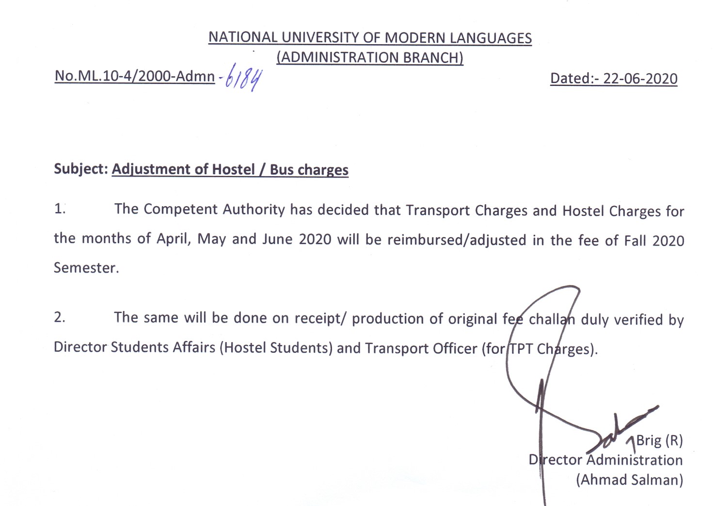 Adjustment of Hostel / Bus charges