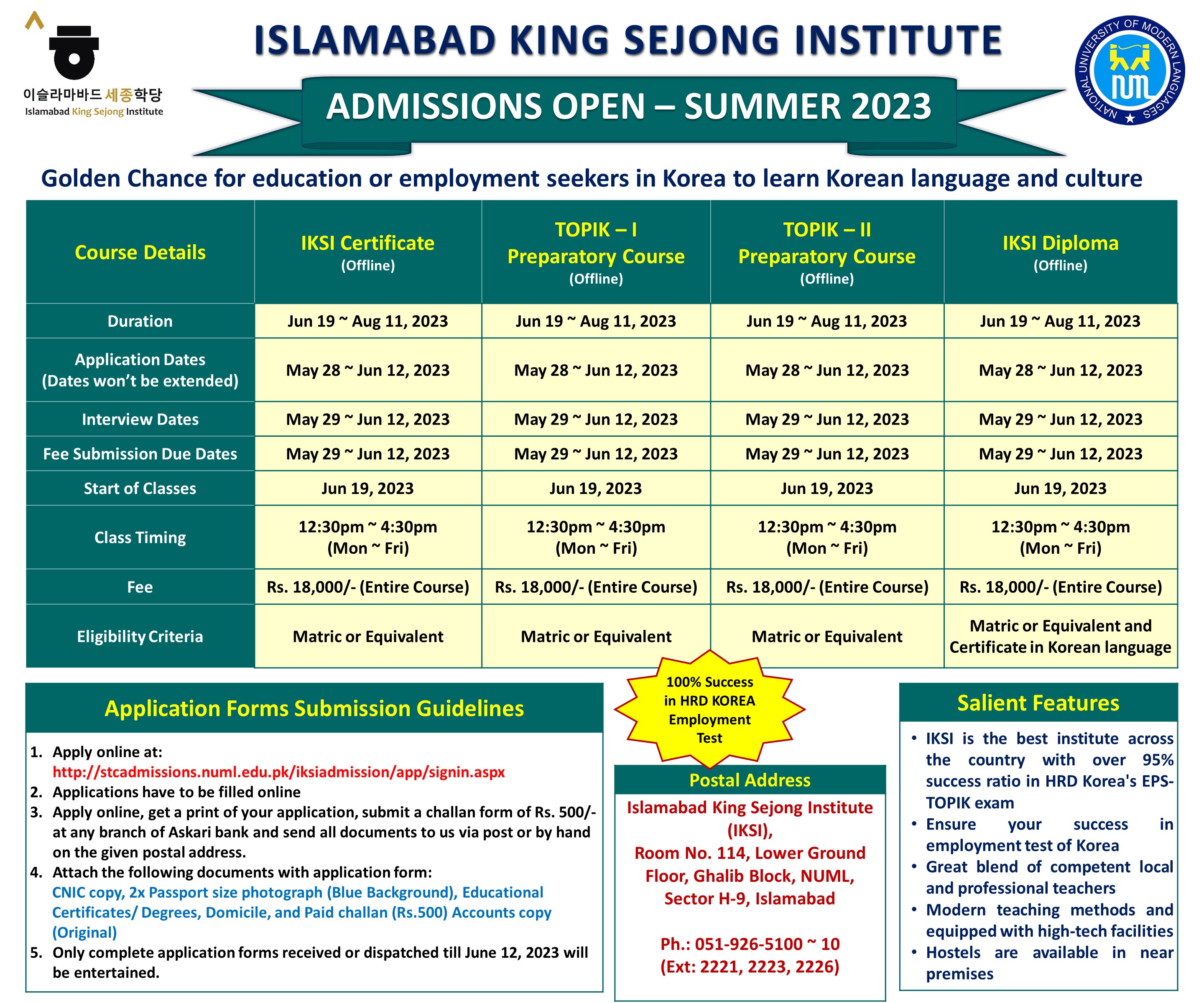 ISLAMABAD KING SEJONG INSTITUTE - ADMISSIONS OPEN SUMMER 2023