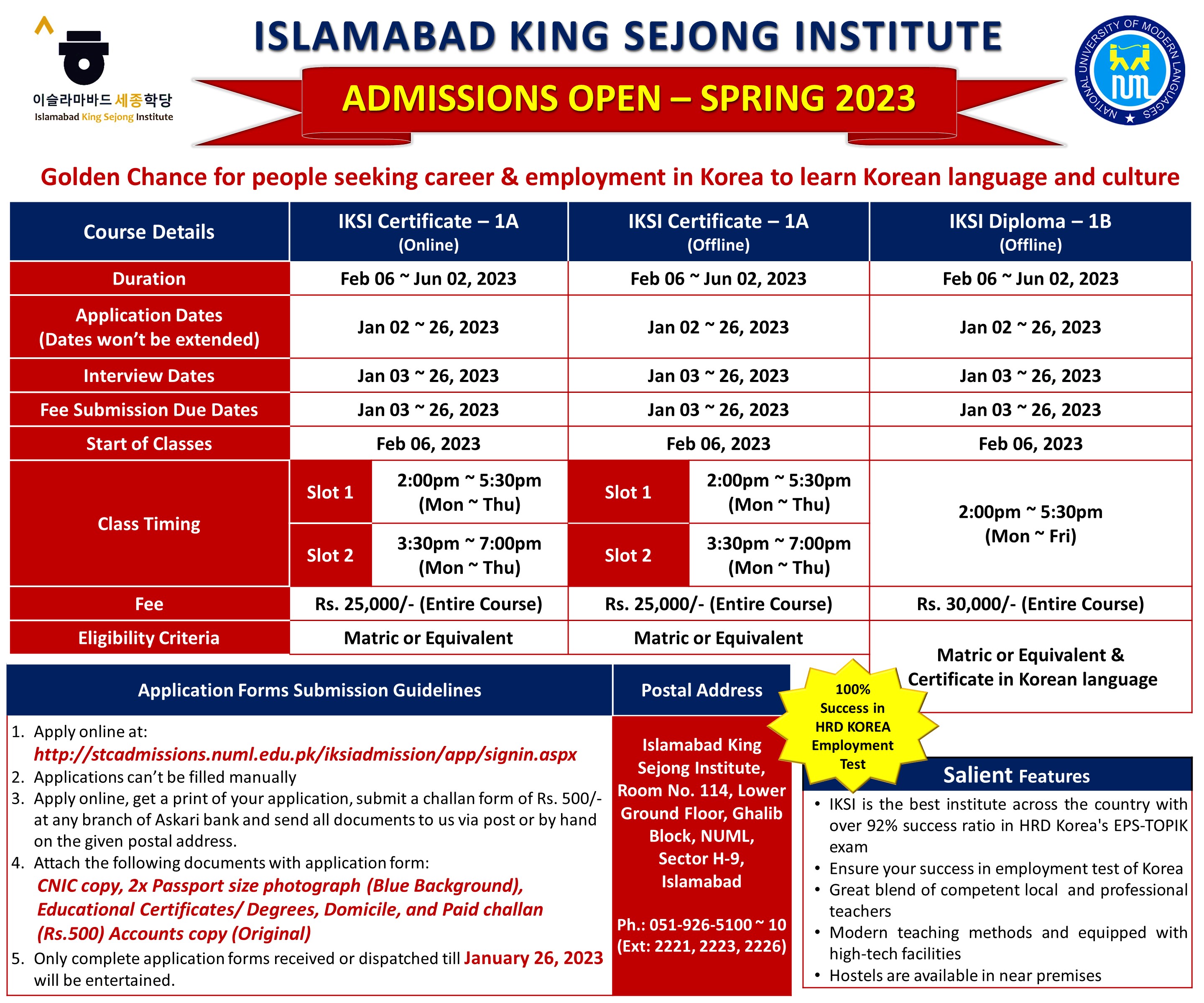 ISLAMABAD KING SEJONG INSTITUTE - ADMISSIONS OPEN SPRING 2023