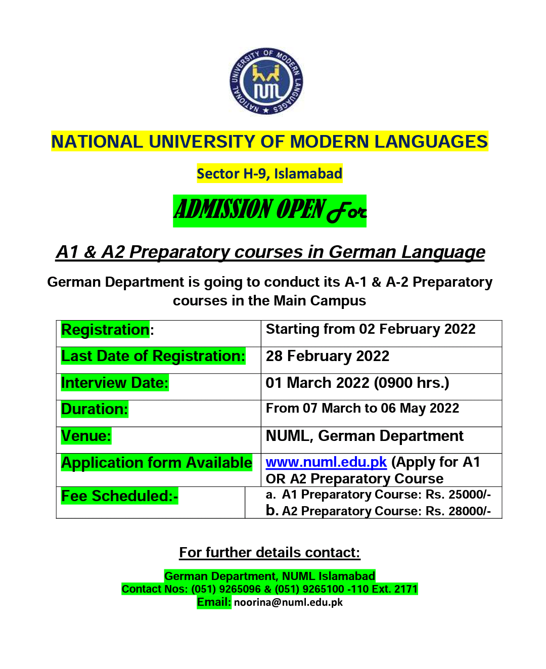 ADMISSION OPEN For A1, A2 Preparatory courses in German Language