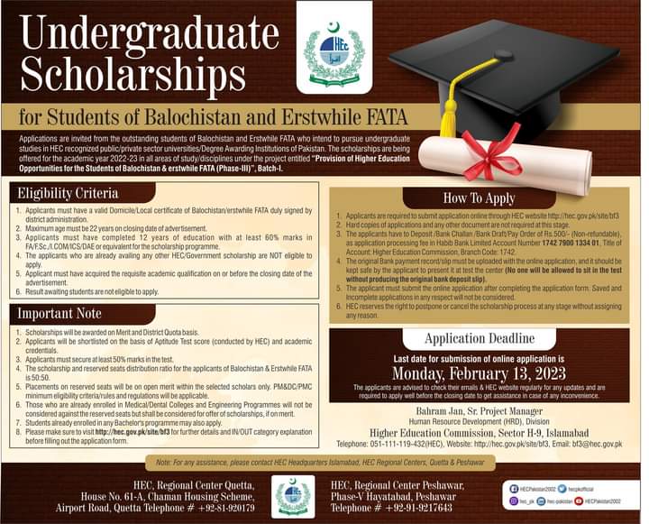 Undergraduate Scholarships for Students of Balochistan and Erstwhile FATA