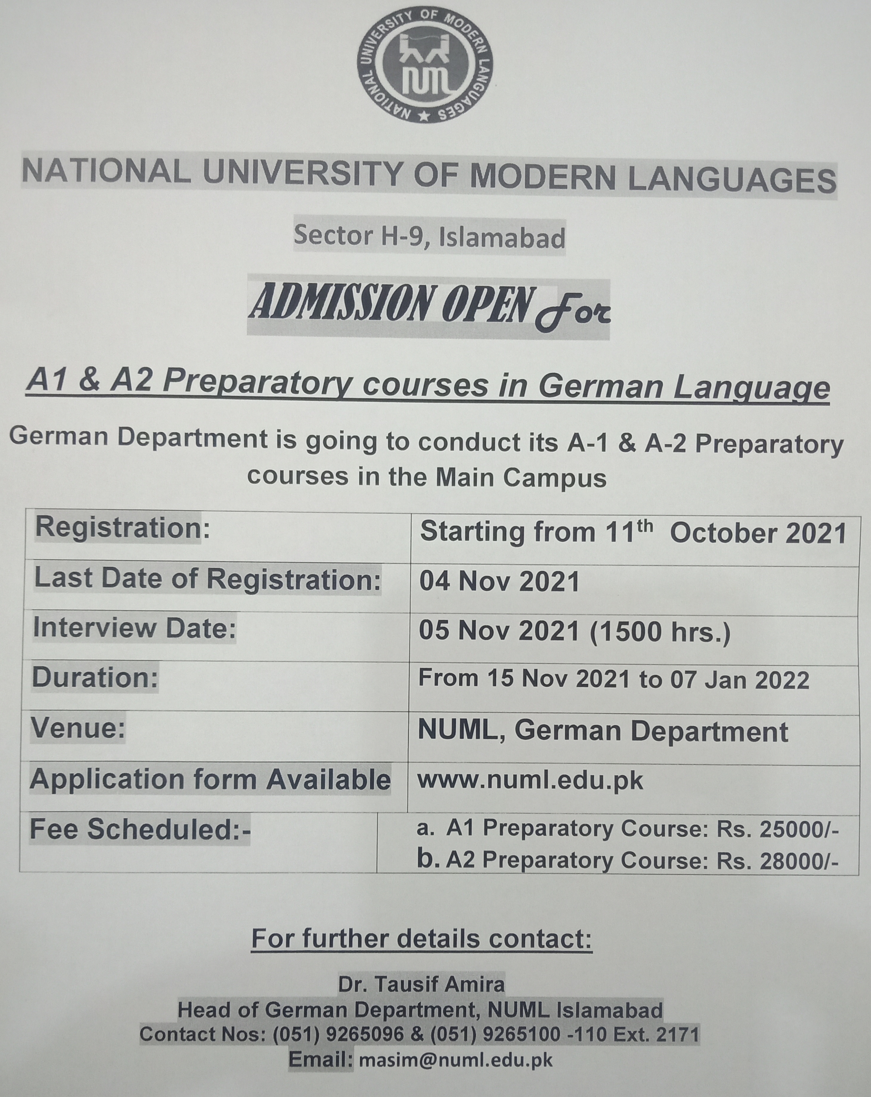 ADMISSION OPEN For A1, A2 Preparatory courses in German Language