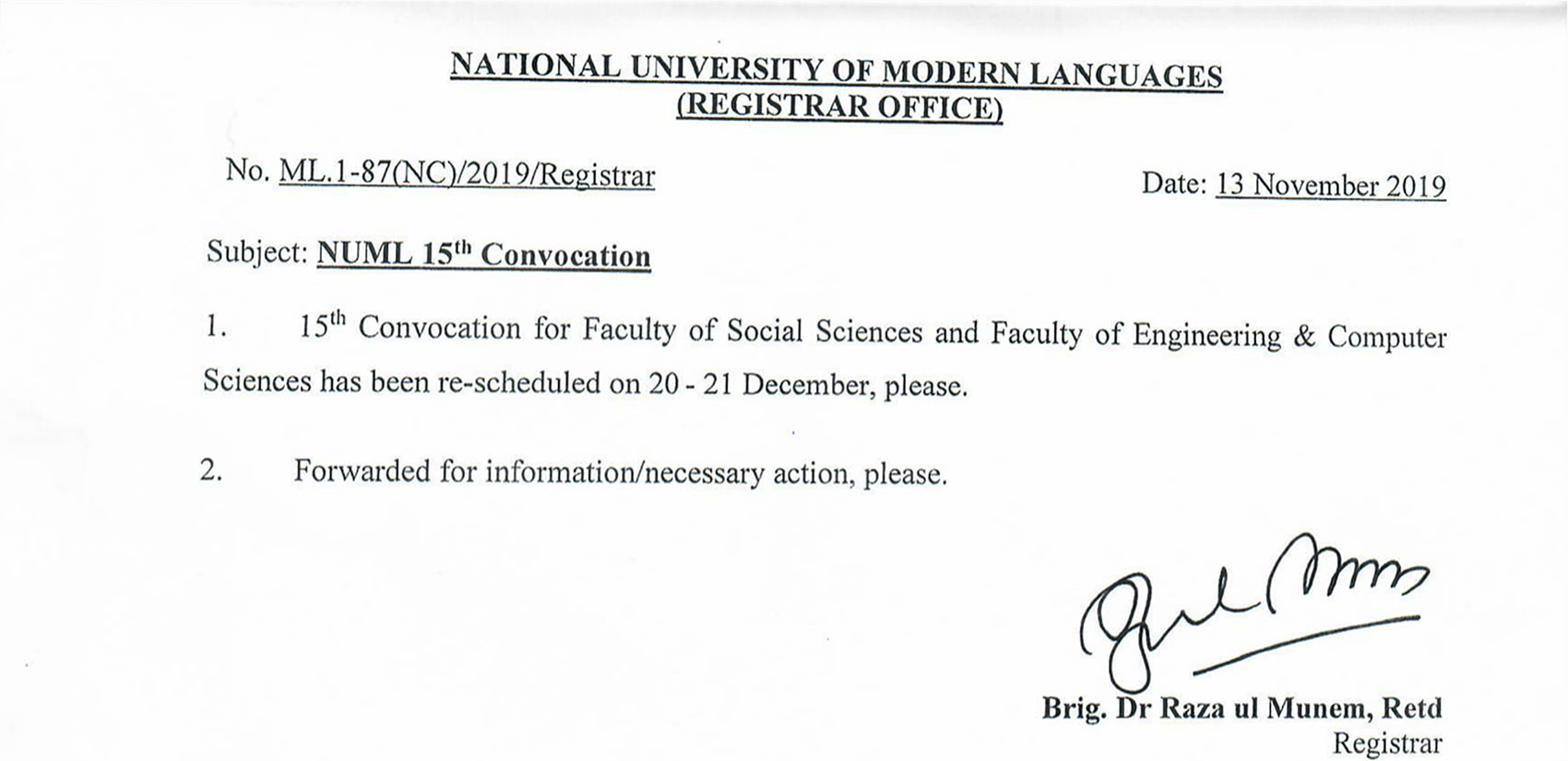 NUML 15th Convocation (Rescheduled)