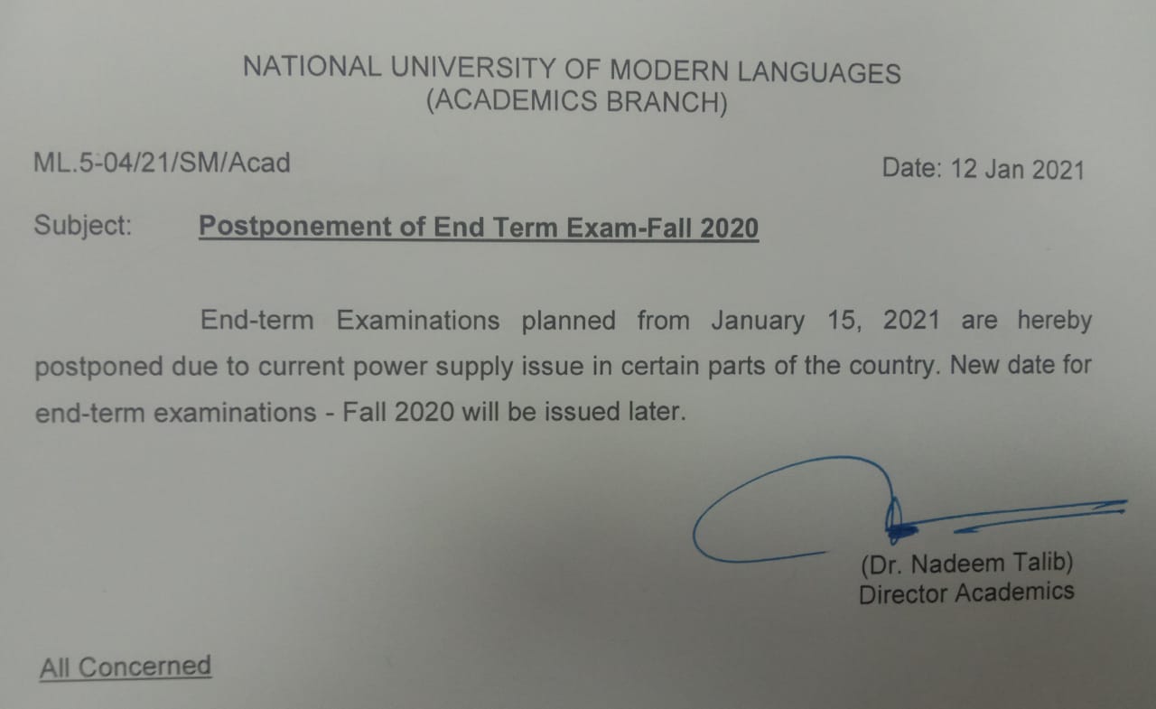 Postponement of End Term Exam-Fall 2020