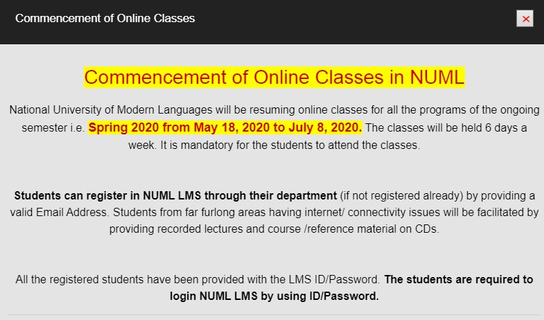 Announcement | NUML | NUML