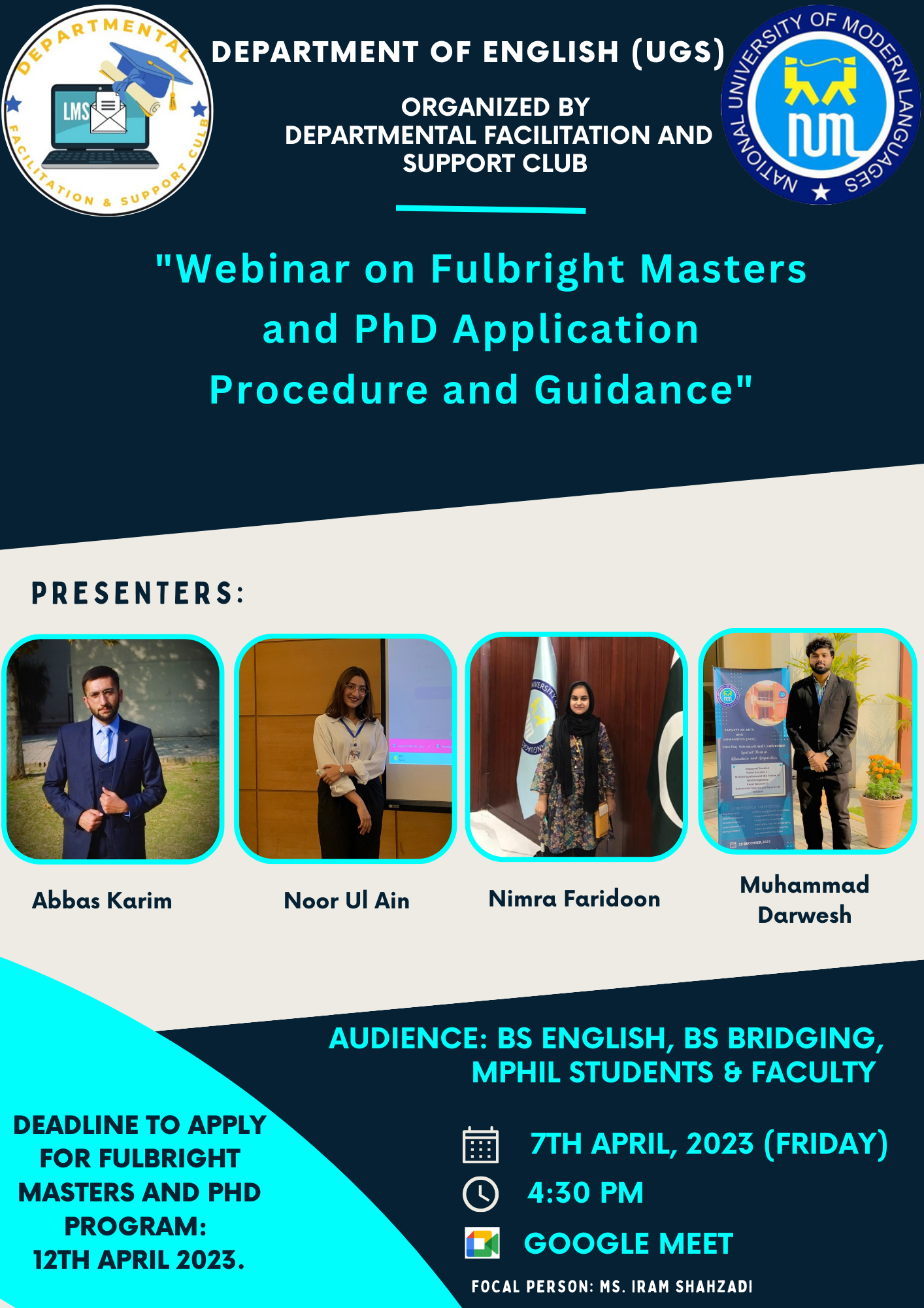 Webinar on Fulbright Masters and PhD Application Procedure and Guidance by Departmental Facilitation & Support Club (DFSC) on 7th April