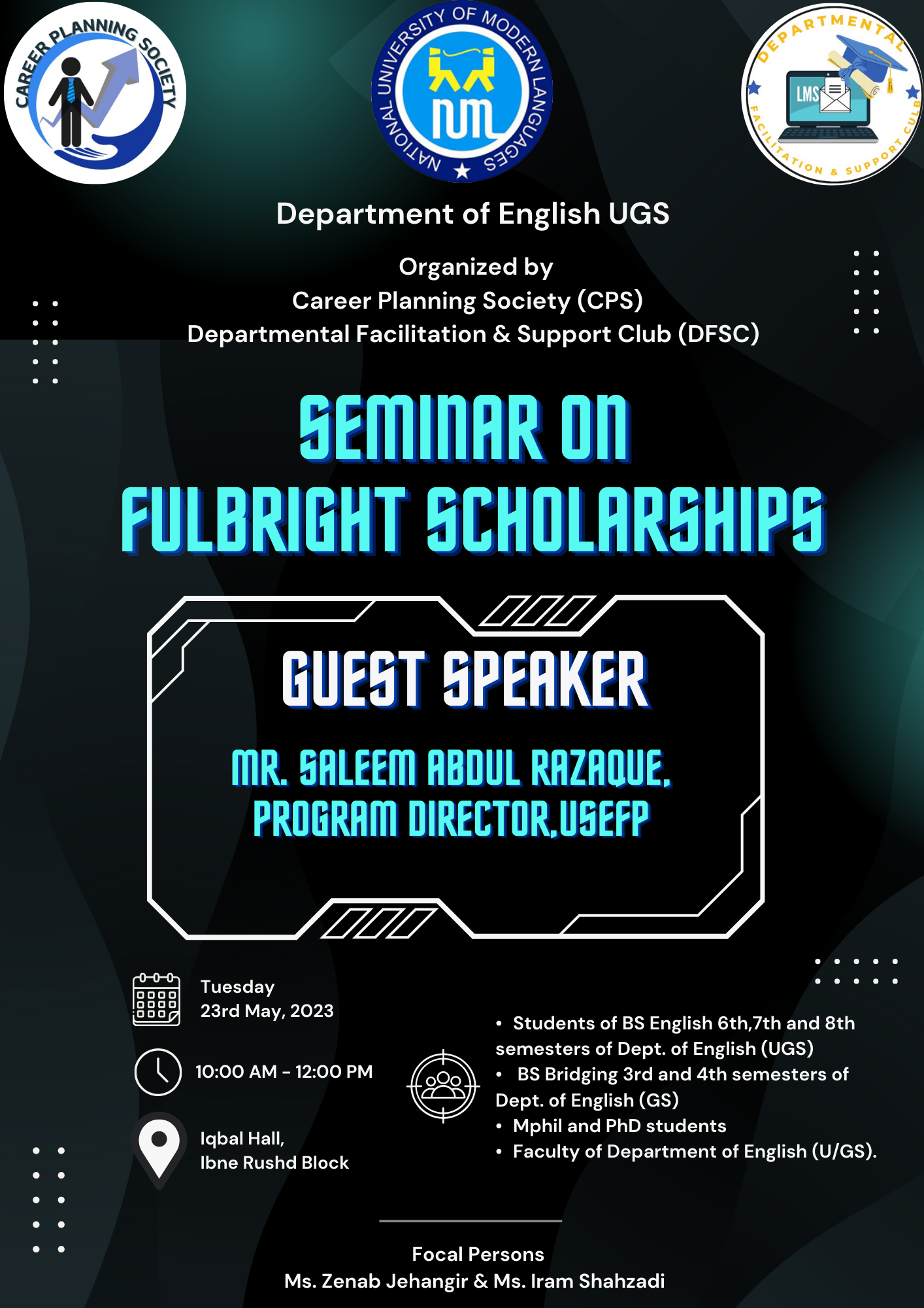 Seminar on Fulbright Scholarships by Departmental Facilitation & Support Club (DFSC) and Career Planning Society(CPS) on 23rd May, 2023