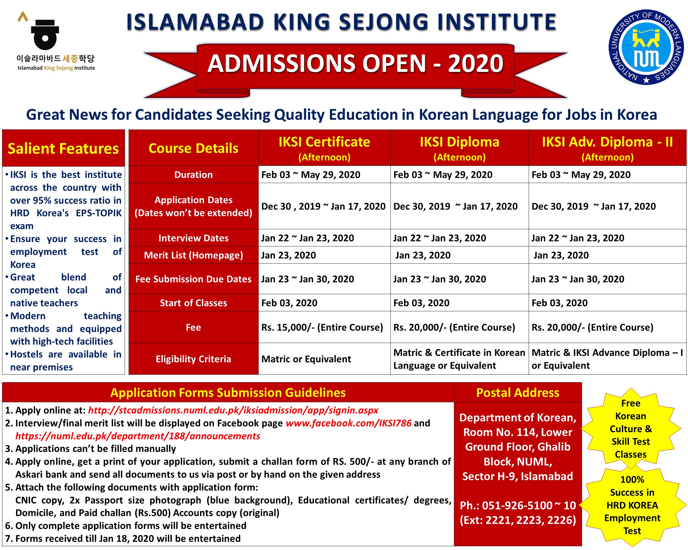 ISLAMABAD KING SEJONG INSTITUTE ADMISSIONS OPEN