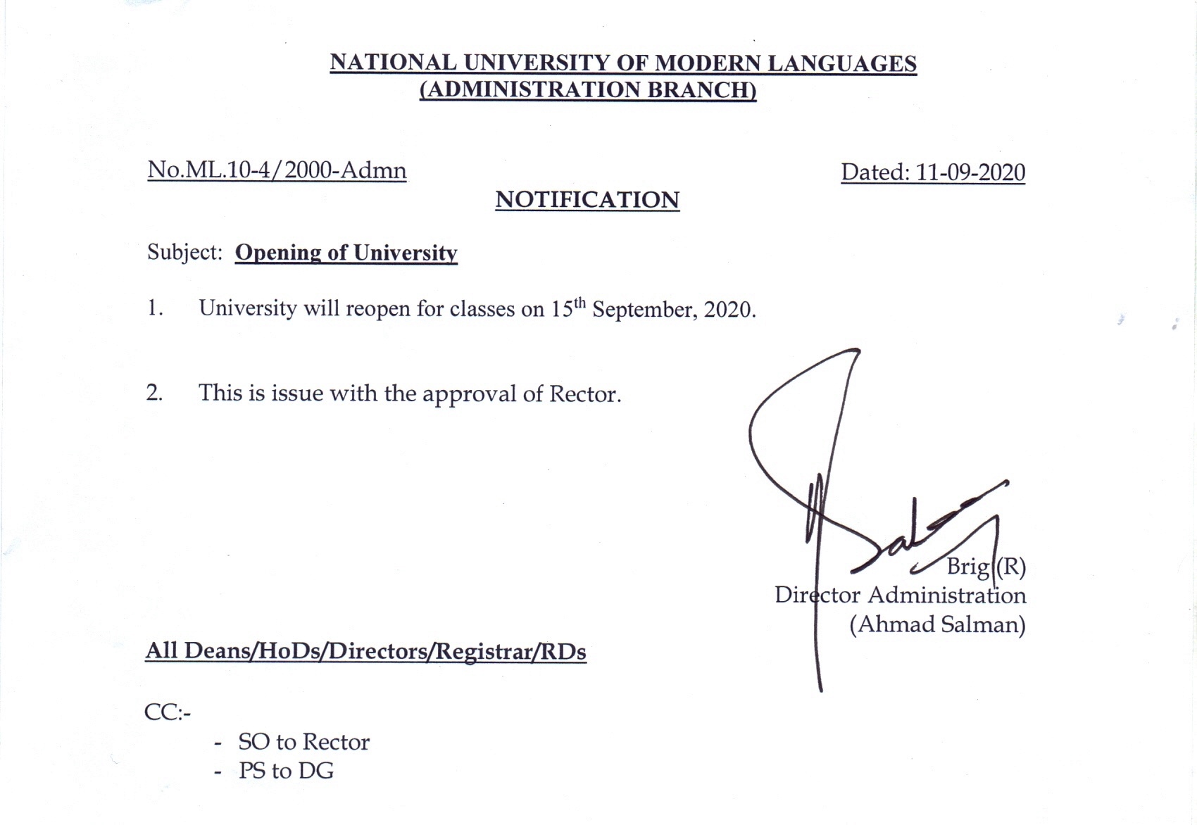 University will reopen for classes on 15th September, 2020