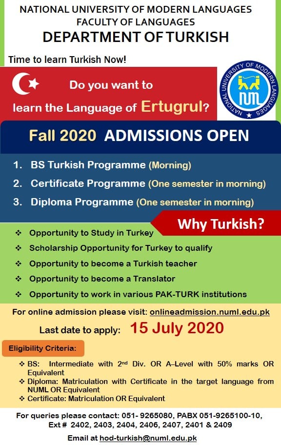 Fall 2020 Admissions in Department of Turkish