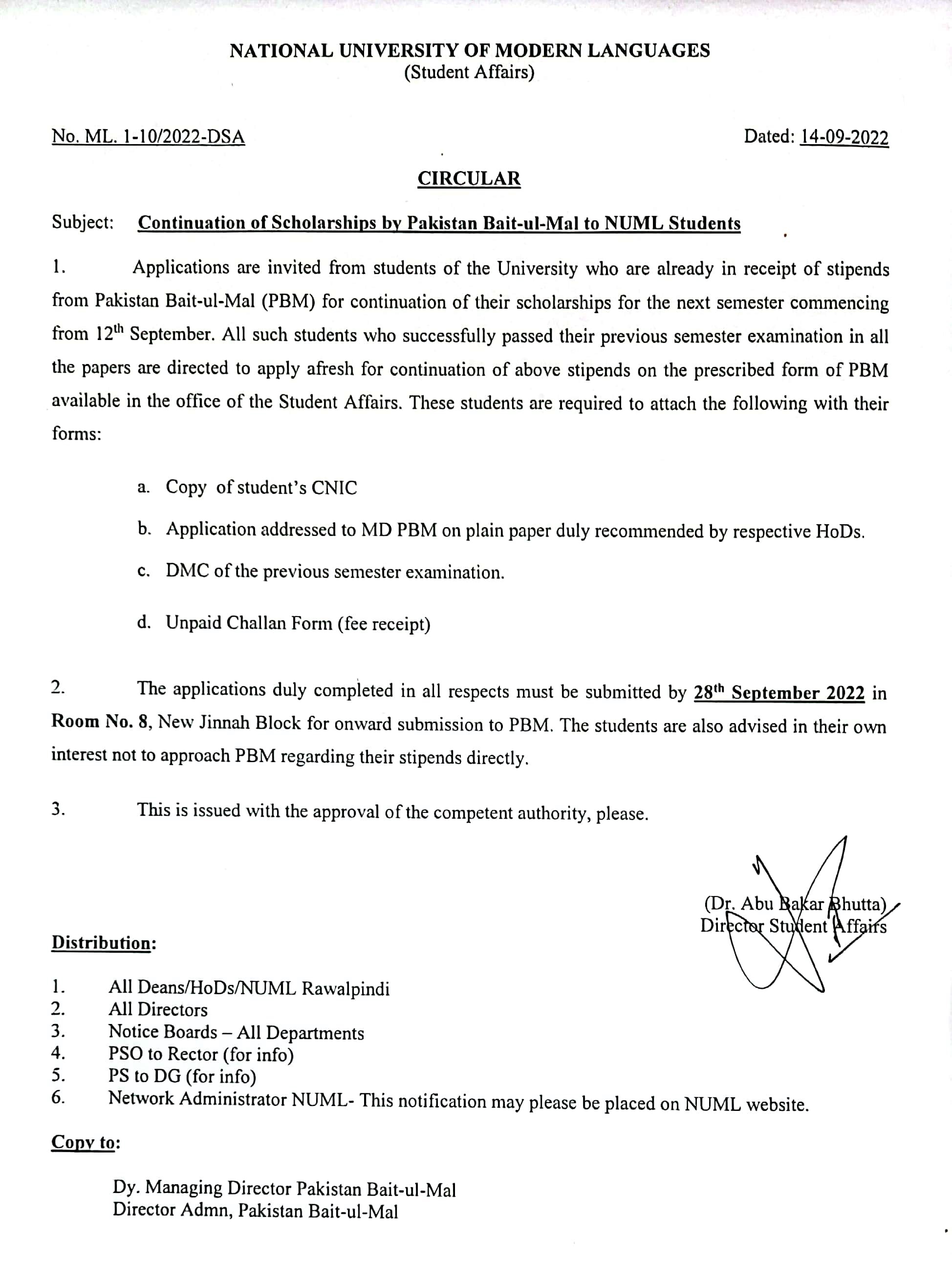 Continuation of Scholarships by Pakistan Bait-ul-Mal to NUML Students