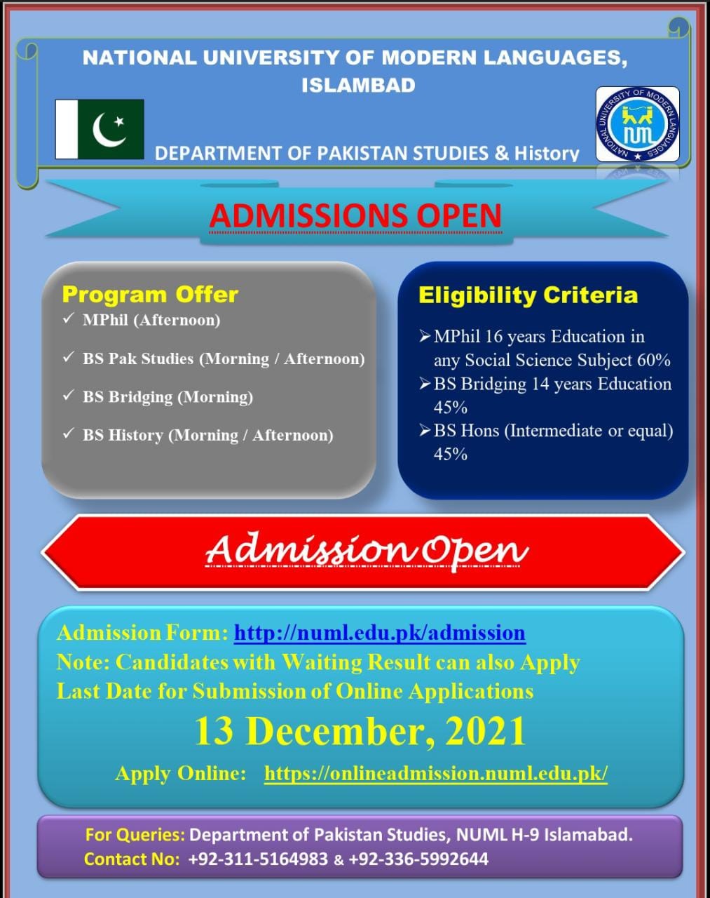 M.Phil Admission open in Pakistan Studies Spring 2022