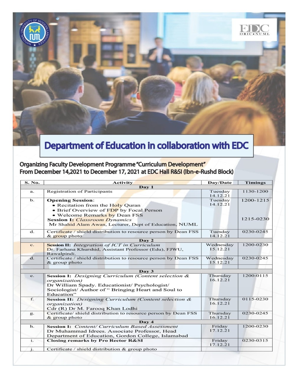 Department of Education in collaboration with EDC is organizing Faculty Development Programme "Curriculum Development"