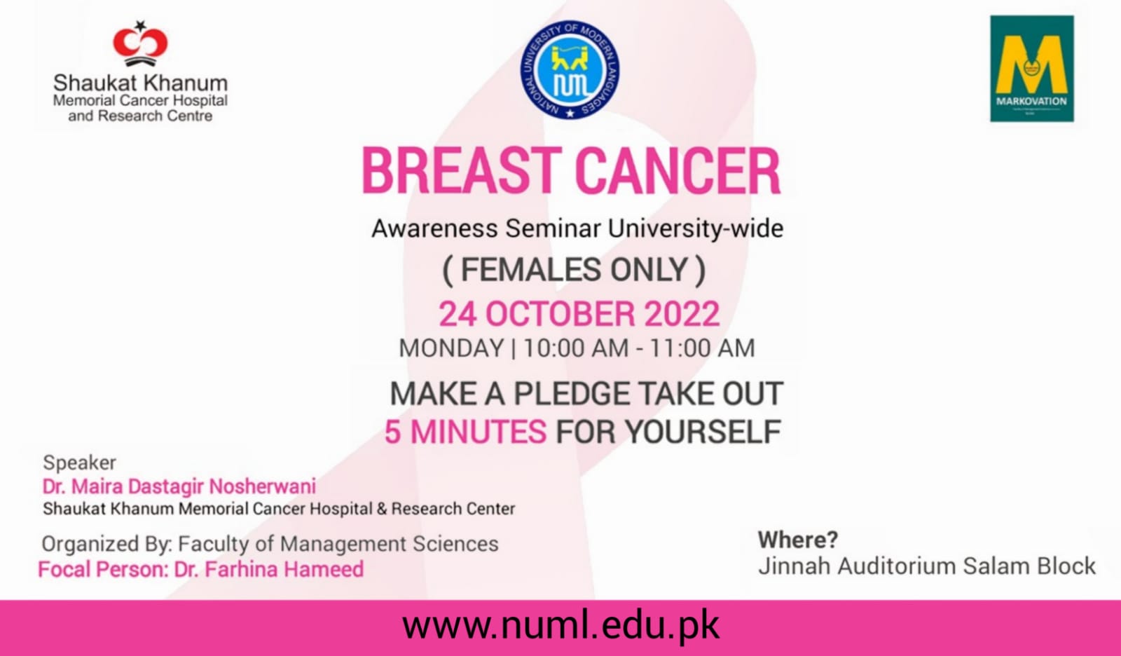 Breast Cancer Awareness Seminar University-wide (Females Only)