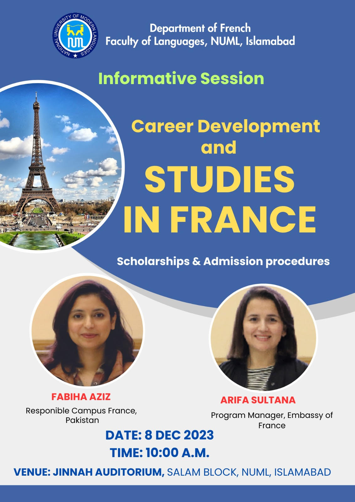 The Department of French cordially invites you to attend  the informative session on "Career Development and Studies in France".